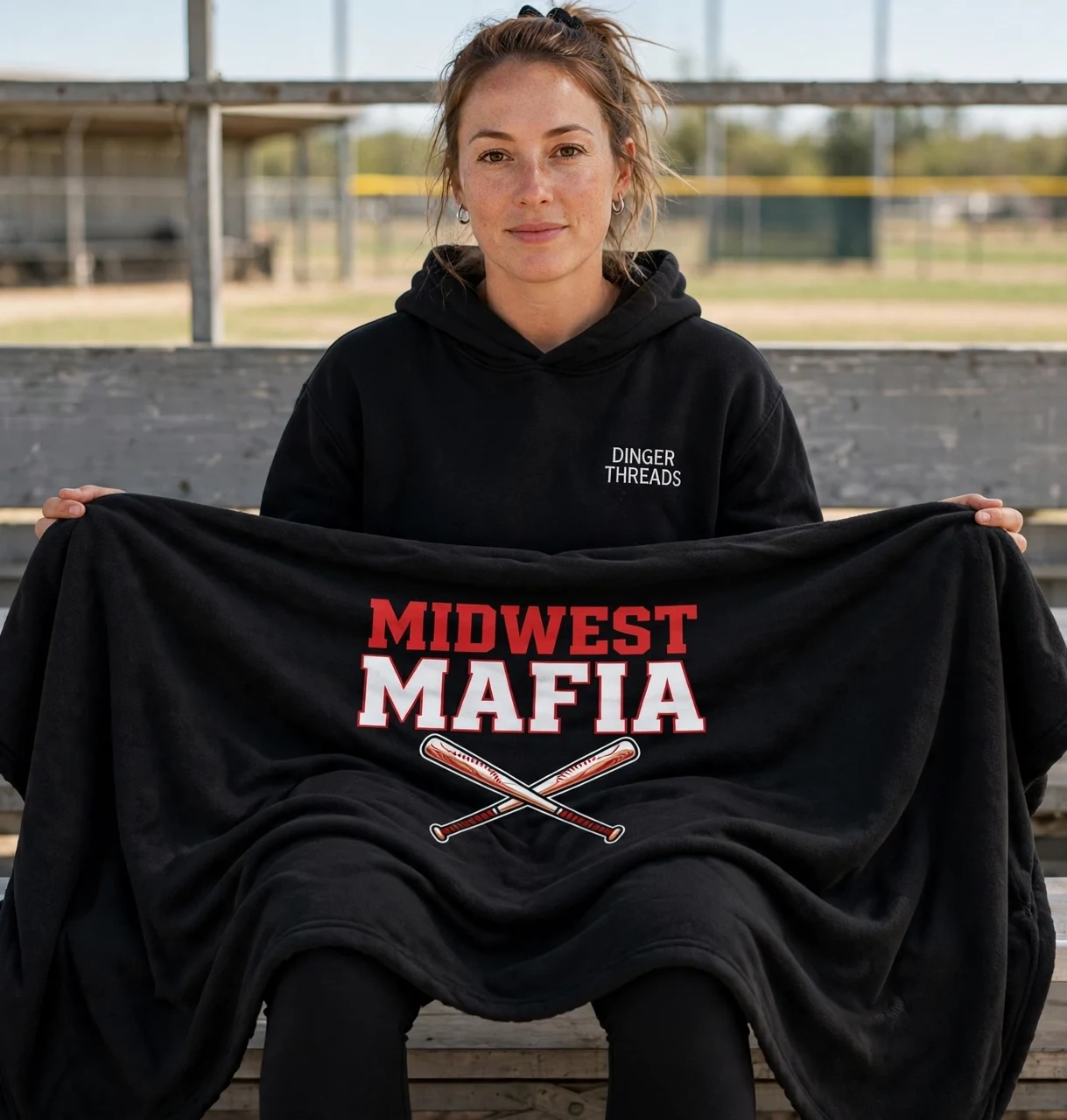 Adult softball fan holding the black Midwest Mafia stadium blanket in the bleachers at the ballfield