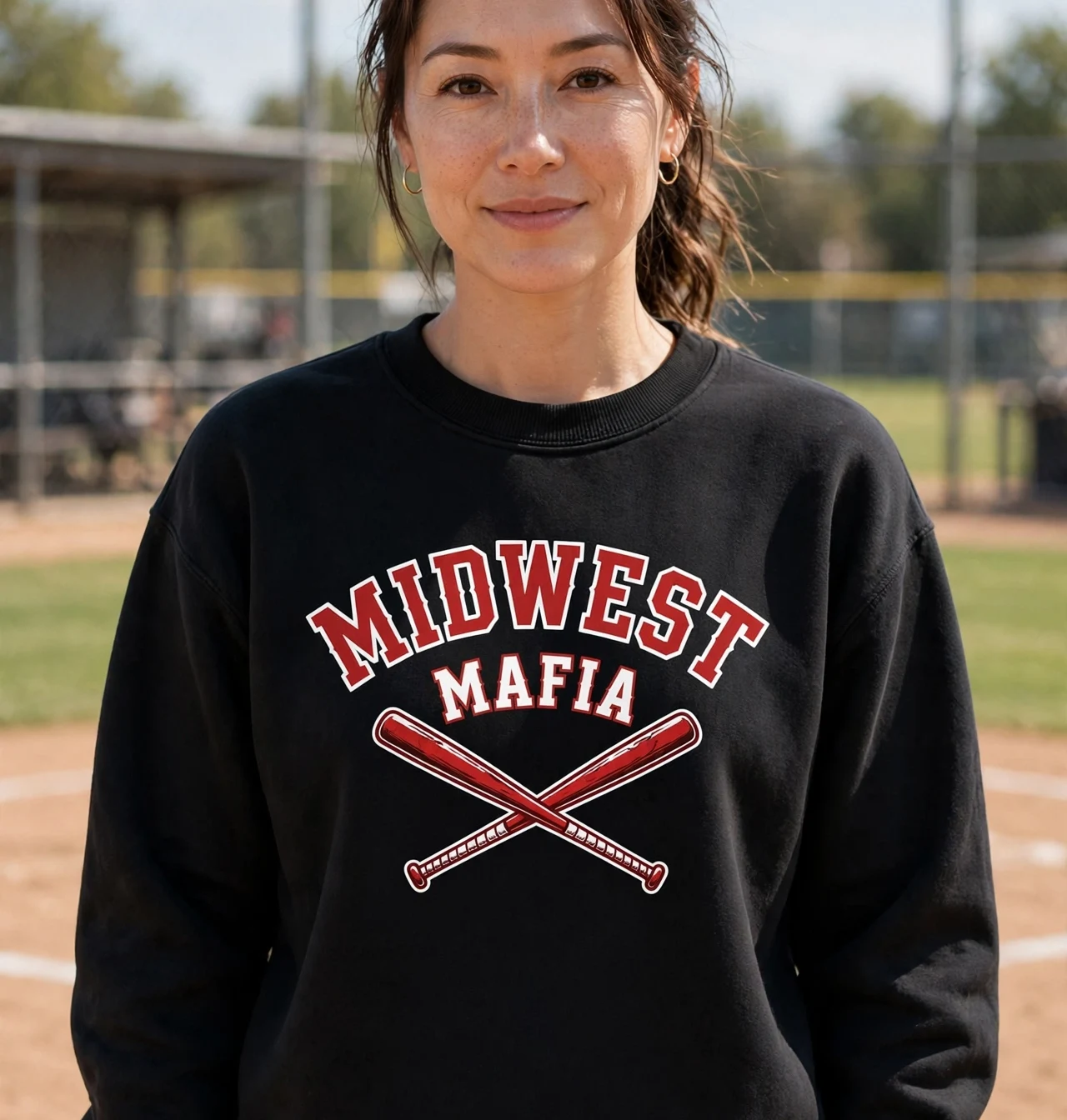 Adult softball fan wearing the black Midwest Mafia crewneck sweatshirt at the ballfield