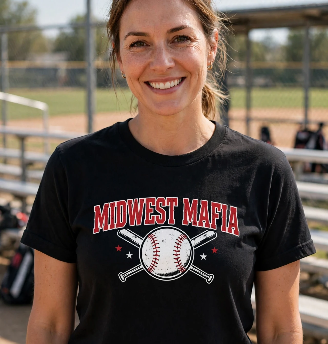 Adult softball fan wearing the black Midwest Mafia fan tee with the distressed M and MAFIA print at the ballfield