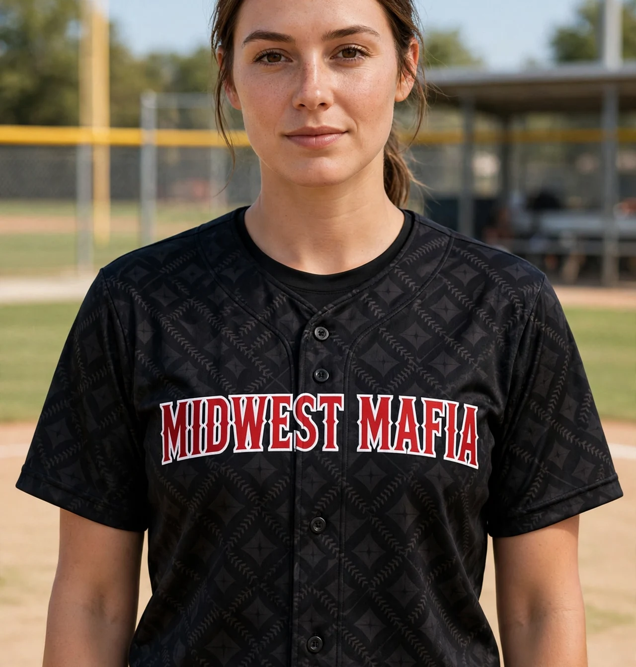 Adult softball fan wearing the black Midwest Mafia sublimated jersey at the ballfield