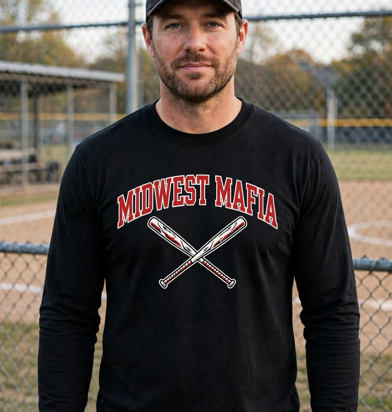 Adult coach wearing the black Mafia long sleeve tee with the red Old English M on the chest, leaning on the dugout rail