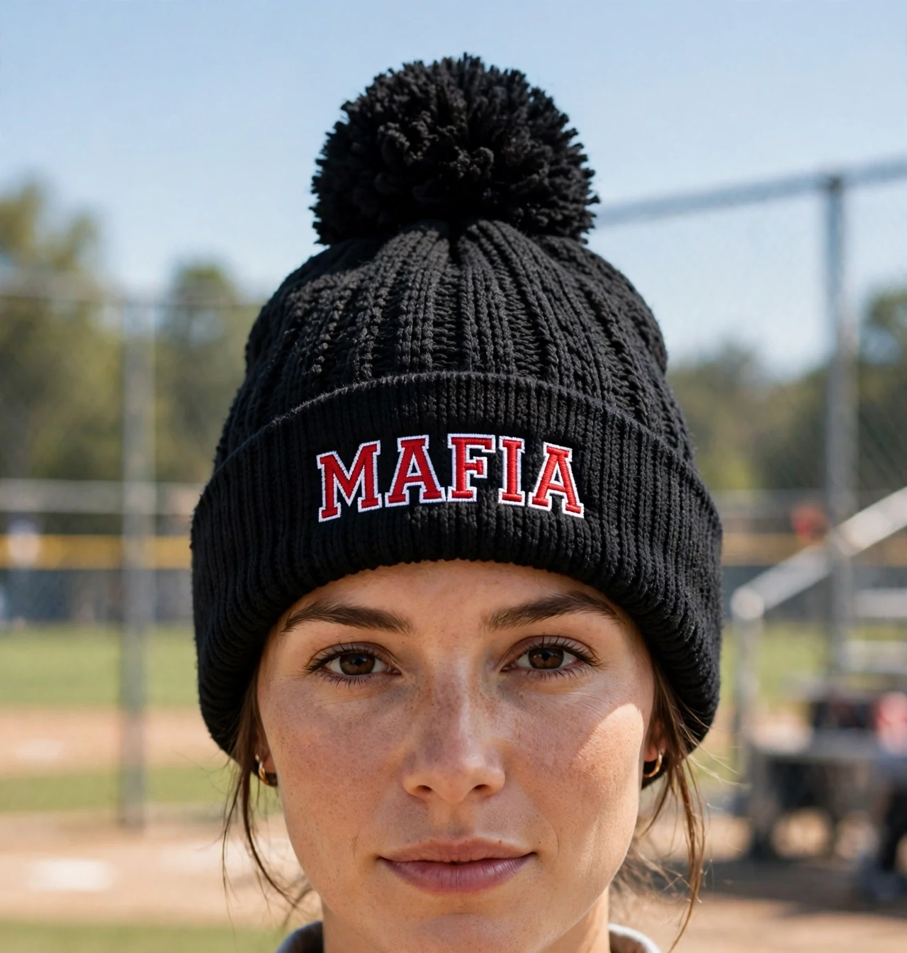 Adult softball fan wearing the black Midwest Mafia pom beanie at the ballfield