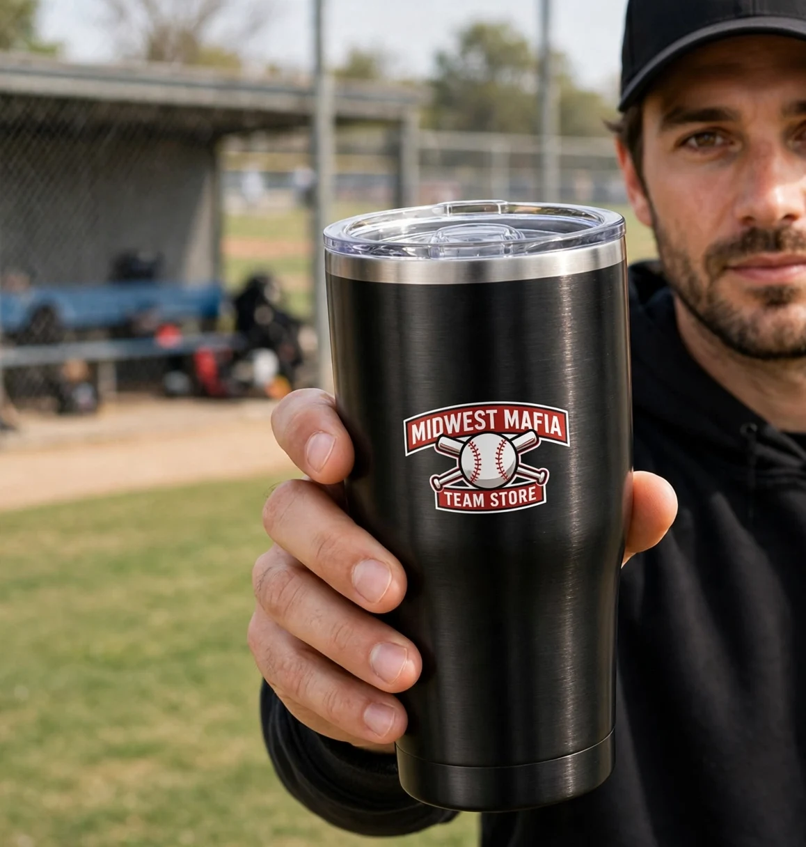 Adult softball fan holding the black Midwest Mafia tumbler at the ballfield