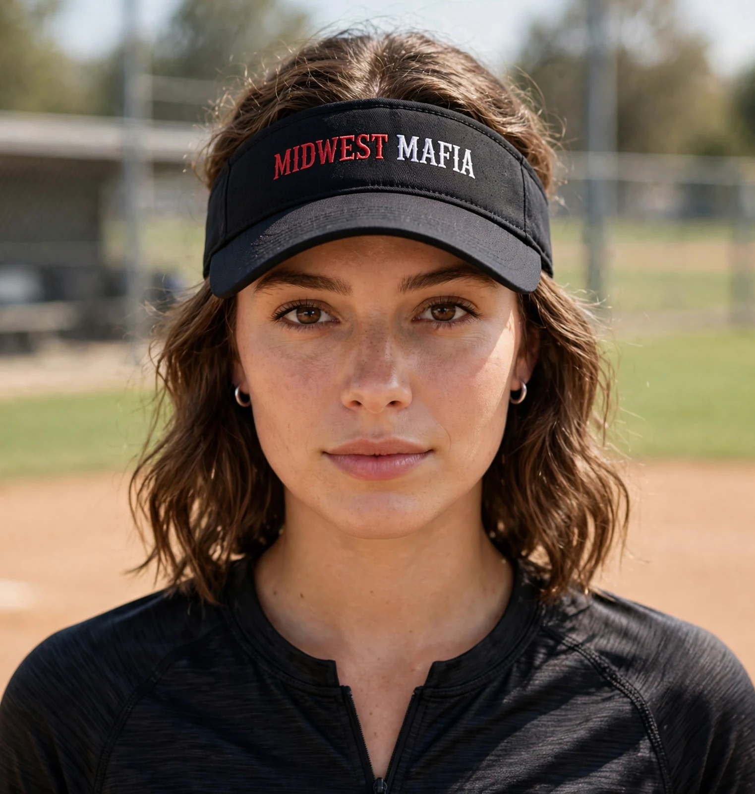 Adult softball fan wearing the black Midwest Mafia visor at the ballfield